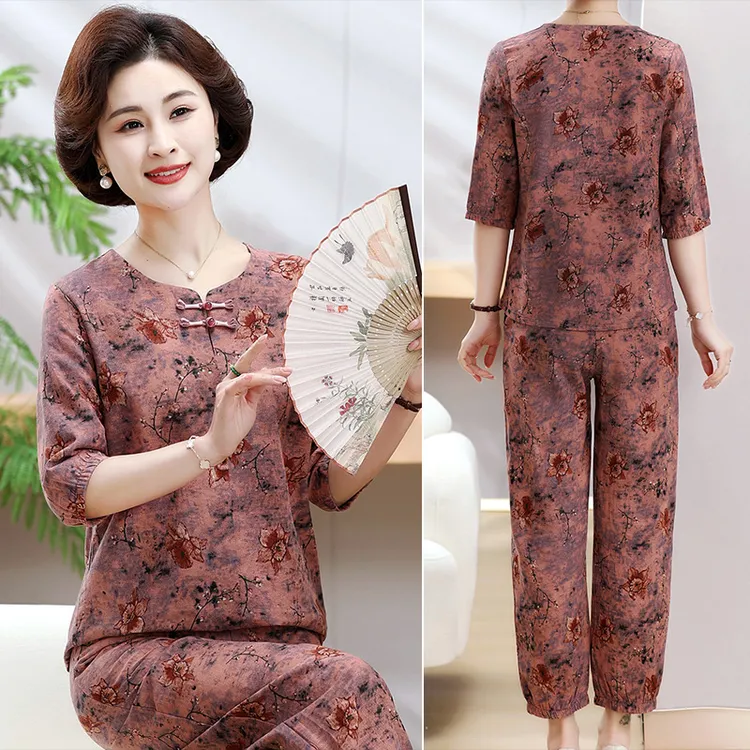 妈妈夏装短袖两件套装70岁老年人奶奶五分袖衬衫老妈太太老人衣服