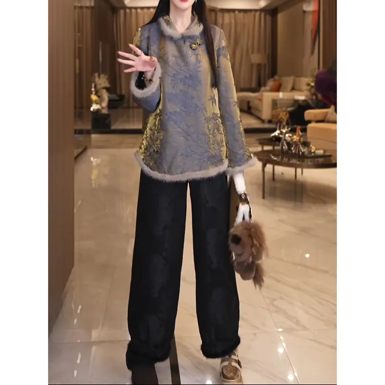 新中式国风套装女款爆款2025新款高级感洋气夹棉保暖衬衫纯色长裤