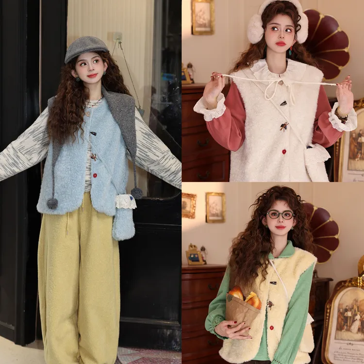 陈大器【落叶题诗】港风复古加厚毛绒百搭宽松休闲马甲JO6347407