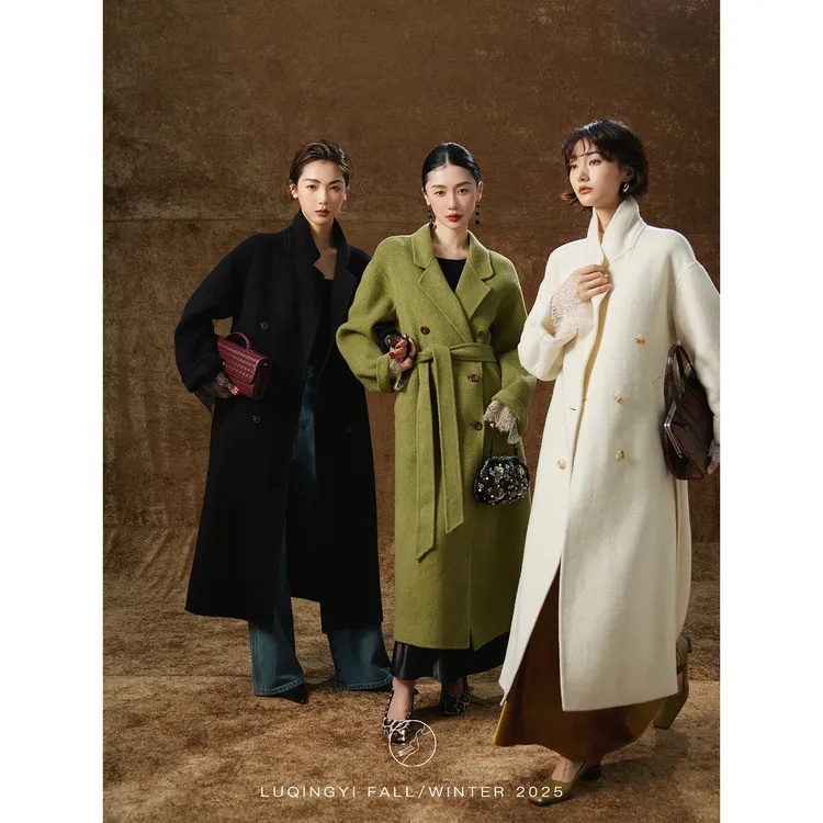 鹭青一原创【苍络】100羊毛蕾丝花边长款双面呢大衣L25D1091L