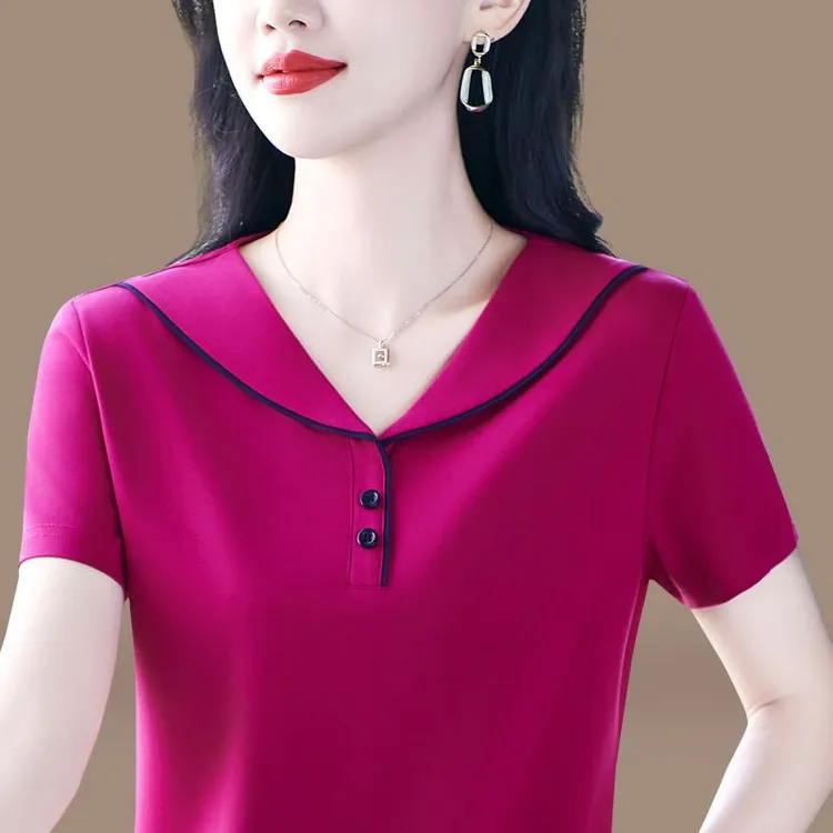 海军领短袖t恤中年女士大码夏装新款时尚减龄体恤衫宽松洋气上衣