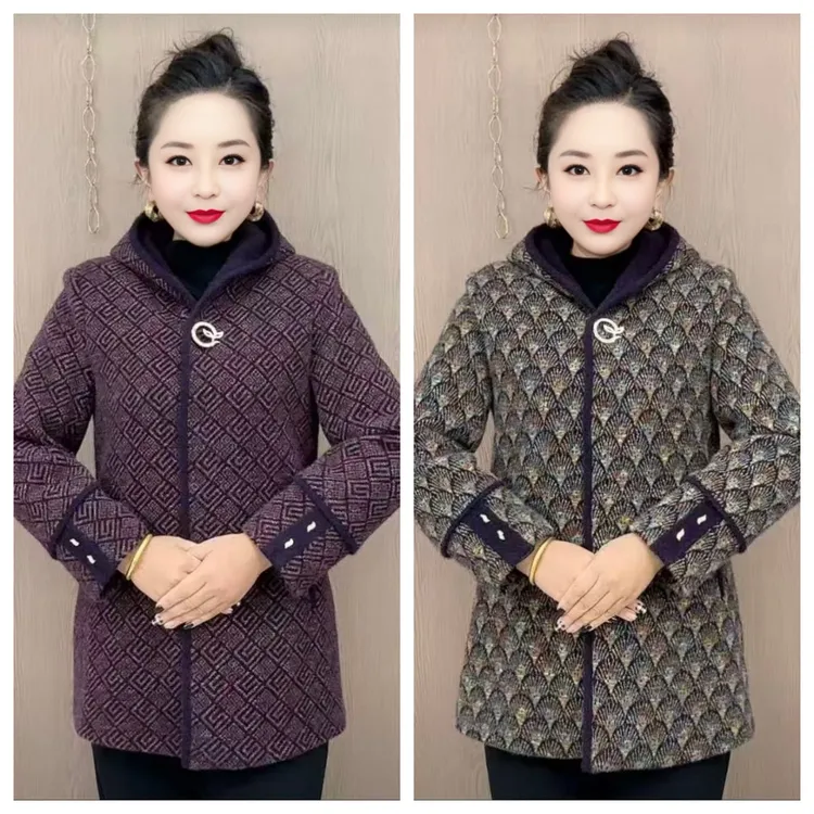 撞色连帽时尚洋气长袖加厚外套秋冬新款休闲大衣中老年妈妈装