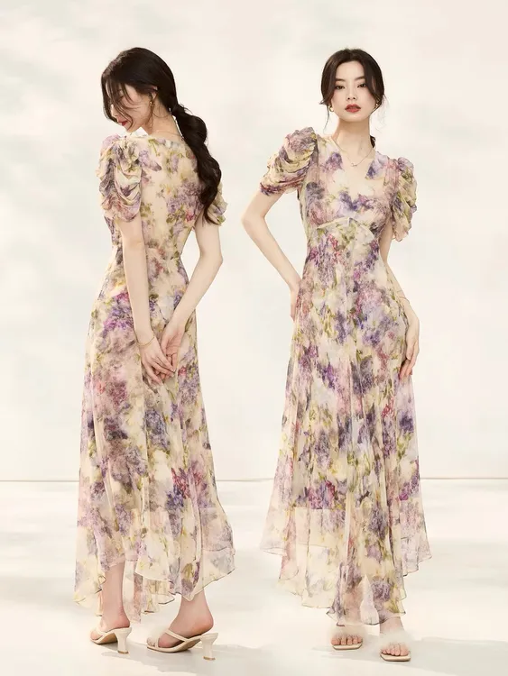 真丝连衣裙女2025夏季新款法式高级感小众收腰气质桑蚕丝碎花长裙