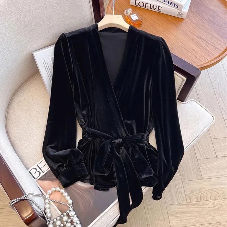 纯欲法式气质长袖丝绒衬衫女上衣秋冬新款修身显瘦高级感绑带衬衣