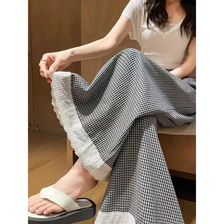 冰丝格子蕾丝花边阔腿裤裙子女夏季薄款垂感大码九分裤裤子春秋