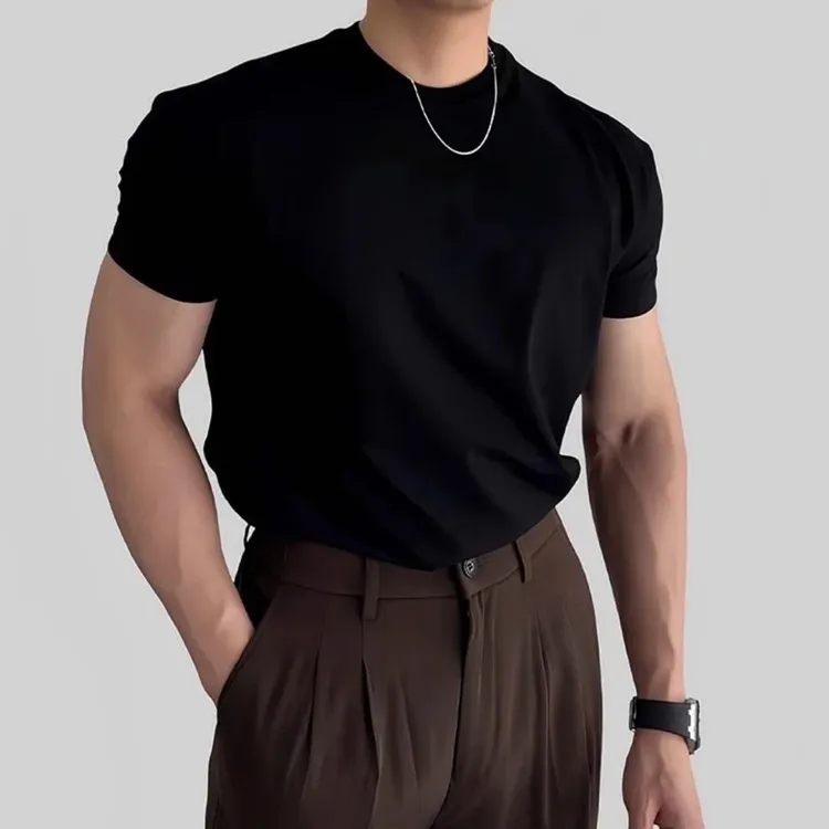 2025新款夏季男士T恤潮流休闲圆领纯色正肩修身百搭韩版上衣短袖