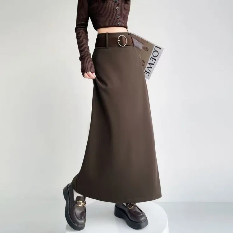 【君君-SLJ】【毛呢加厚】秋冬款加厚直筒设计百搭后开叉高腰显瘦半身裙（送腰带）