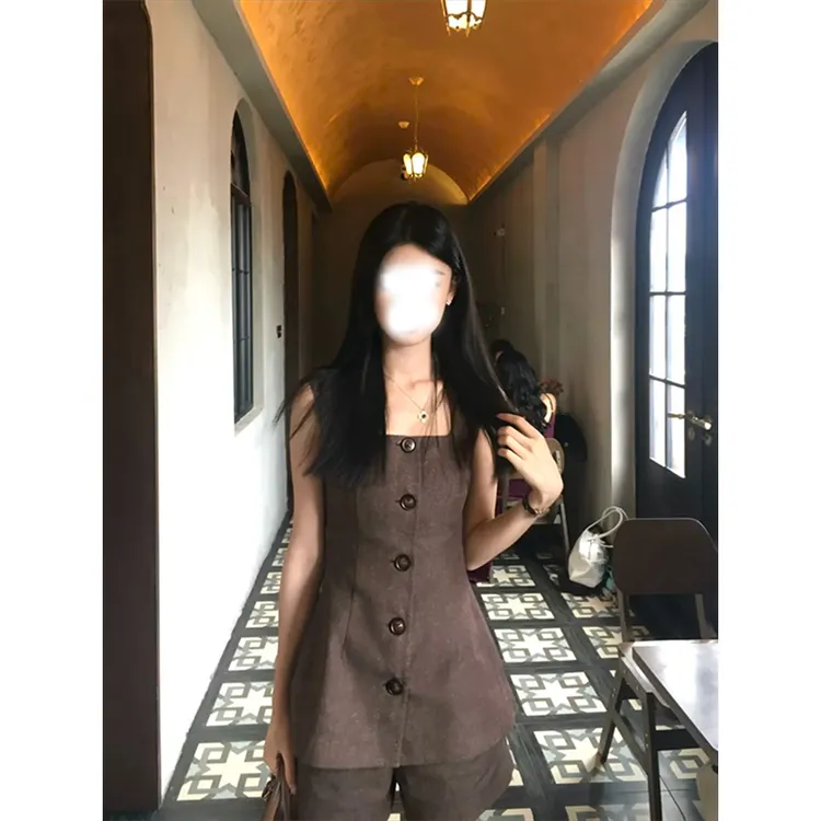 parkyeon夏季新款复古无袖马甲背心上衣气质高腰显瘦休闲短裤套装