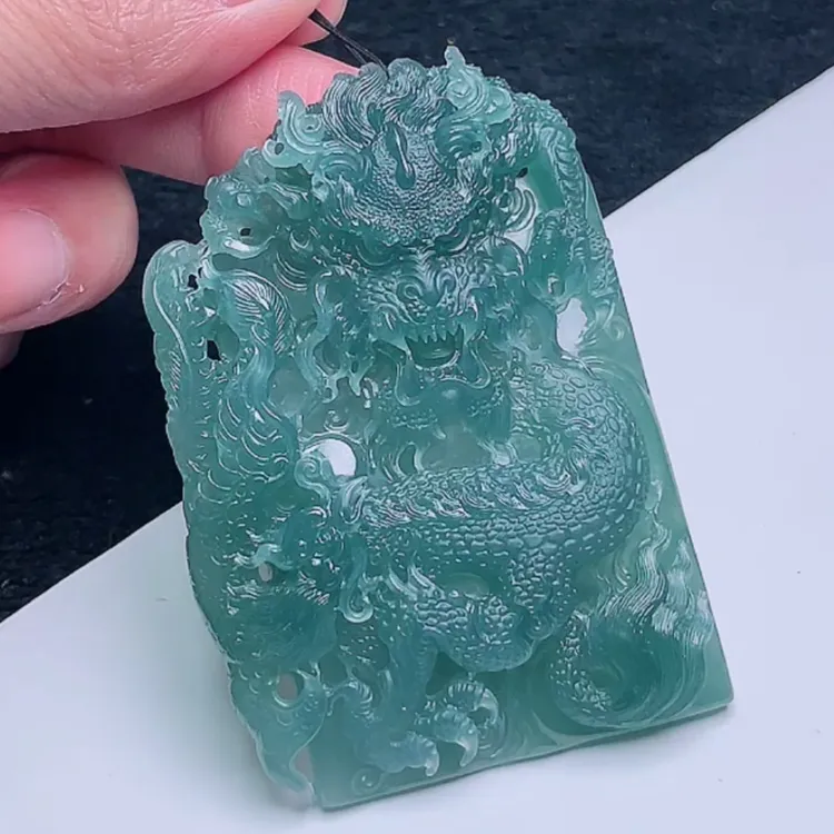 纯天然A货翡翠老坑冰透精雕龙凤霸气龙牌吊坠挂件71.6-49-13.3mm