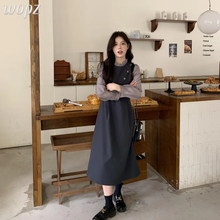 高级感气质灰色假两件洋装女春秋减龄赫本风轻熟风御姐超好看