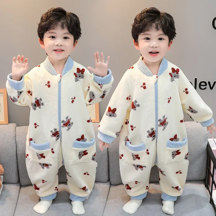 男童连体睡衣秋冬款奥粒绒儿童防着凉睡袋男宝宝法兰绒保暖家居服