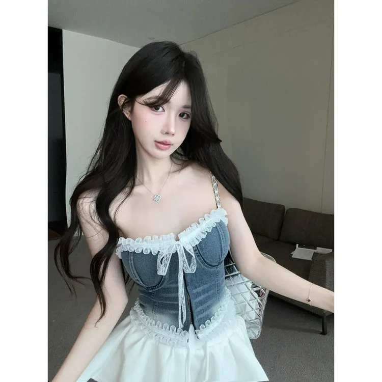 2025夏季新款性感辣妹蕾丝拼接修身牛仔抹胸背心高腰百搭短裙套装