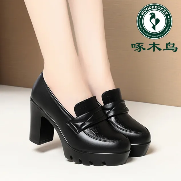 啄木鸟深口皮鞋久站不累高跟鞋防水台厚底粗跟乐福鞋旗袍走秀女鞋