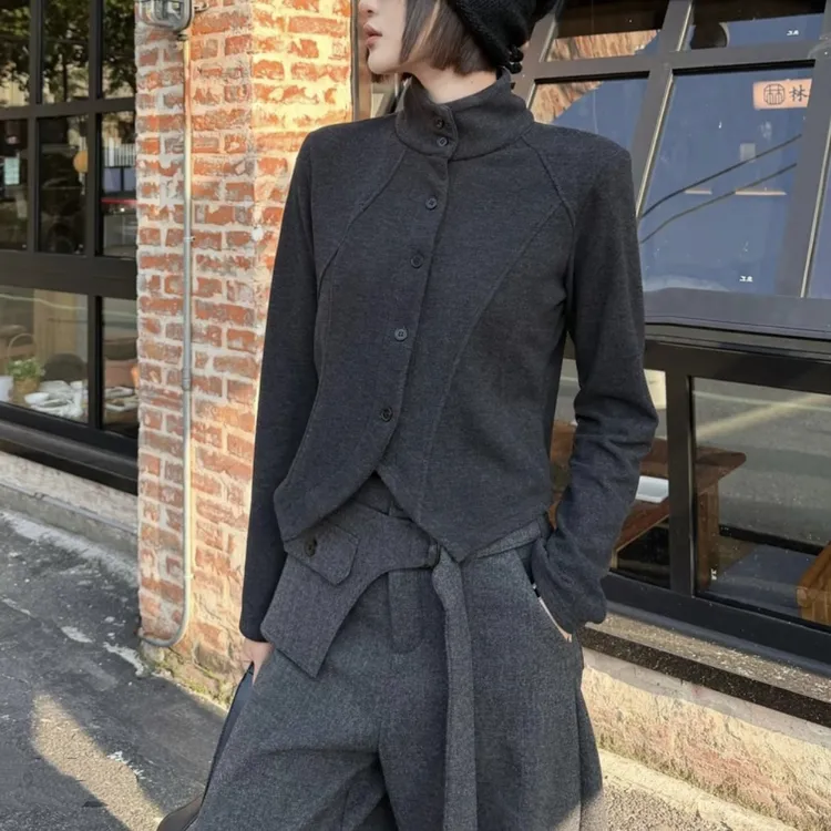 冬季新款双面绒小众立领排扣打底衫气质修身显瘦洋气百搭高级上衣