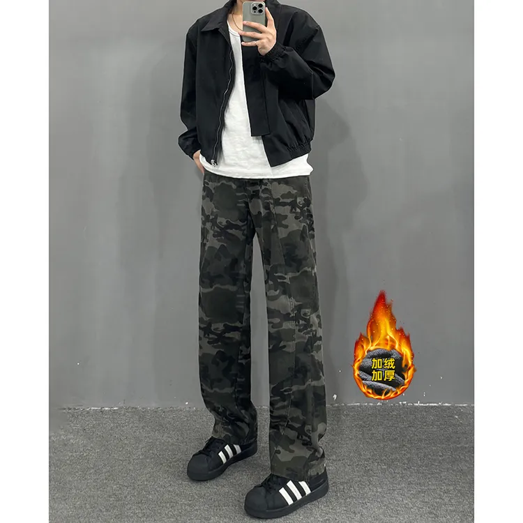 美式复古水洗迷彩牛仔裤男秋季宽松显高显瘦直筒窄版工装伐木长裤