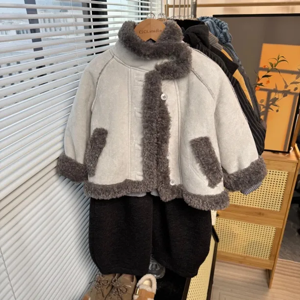 男童韩版皮毛一体加绒外套2025秋冬季新款儿童宝宝洋气