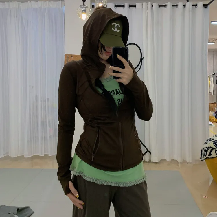 女士运动帽衫长袖瑜伽运动速干立领修身防晒外套秋冬训练跑步可用