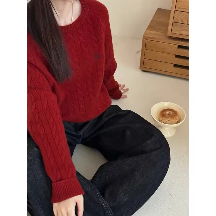 宽松圆领套头针织ins秋冬刺绣百搭毛衣加厚韩版女
