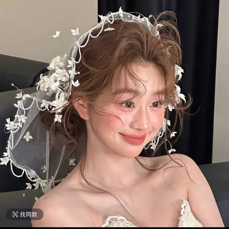 T7081复古超仙白色花朵森系新娘晨袍头饰