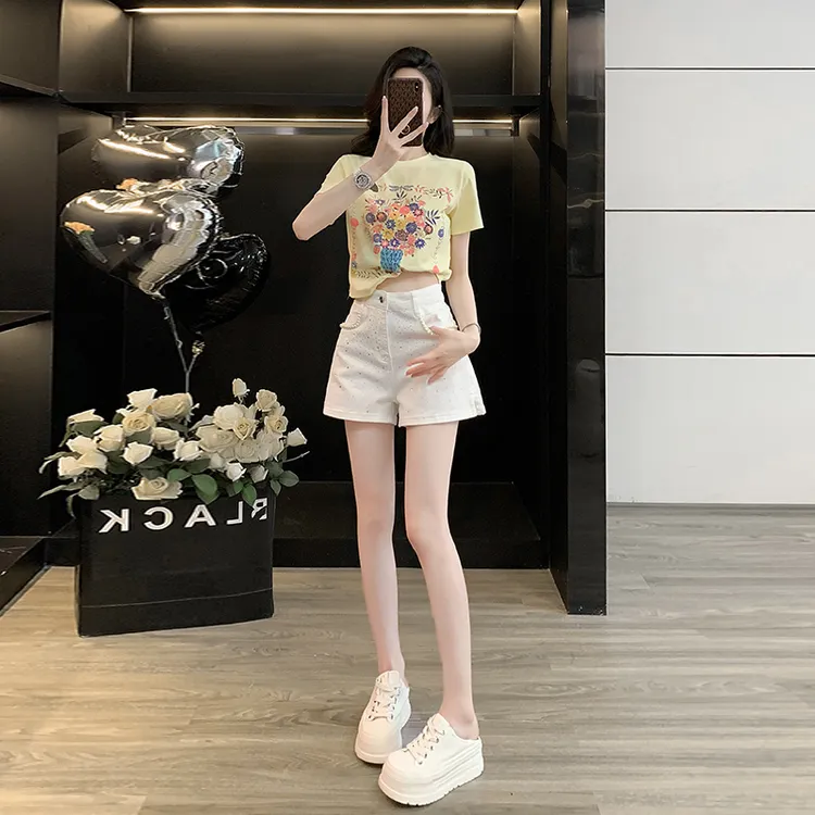 正肩棉短袖t恤女2025夏季新款减龄上衣白色百搭牛仔短裤阔腿热裤