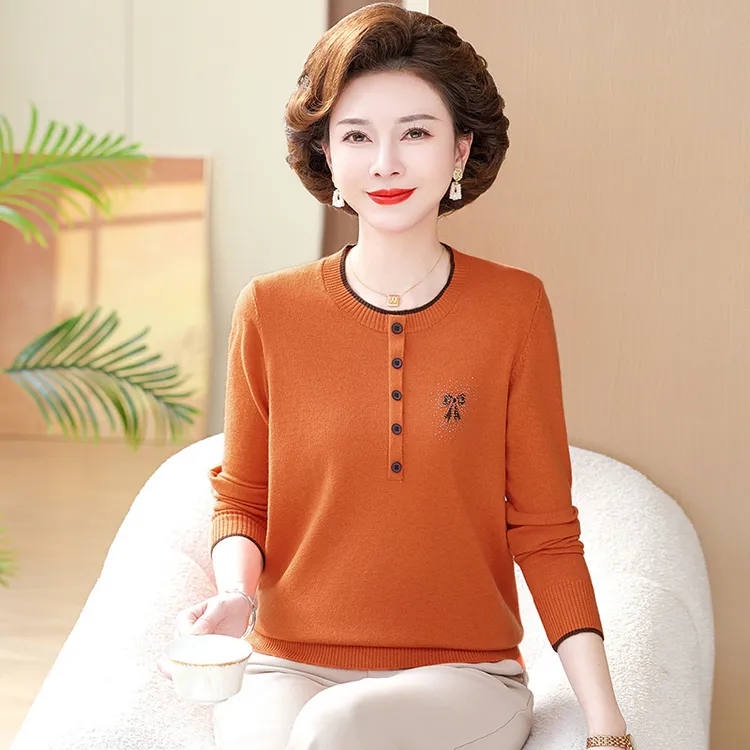 中年妈妈时尚圆领针织衫女2025春季新款宽松显瘦长袖百搭打底毛衣
