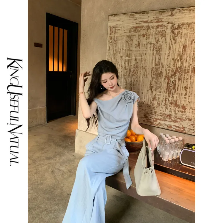 KUN【云烟岚】摩登剪裁 烫银亚麻干练气质斜肩设计感上衣阔腿裤套装