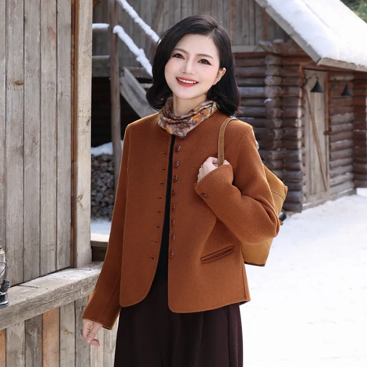 枫竺阿楠anan圆领单排扣双面呢羊毛大衣女冬优雅气质短款毛呢外套