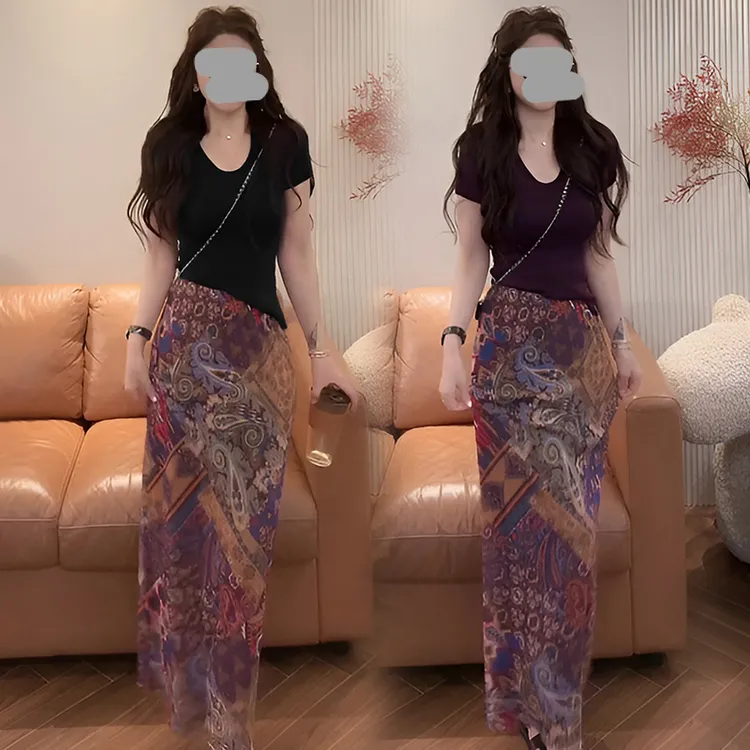 短袖T恤+复古度假风印花半身裙套装时尚洋气减龄显瘦遮肉两件套女