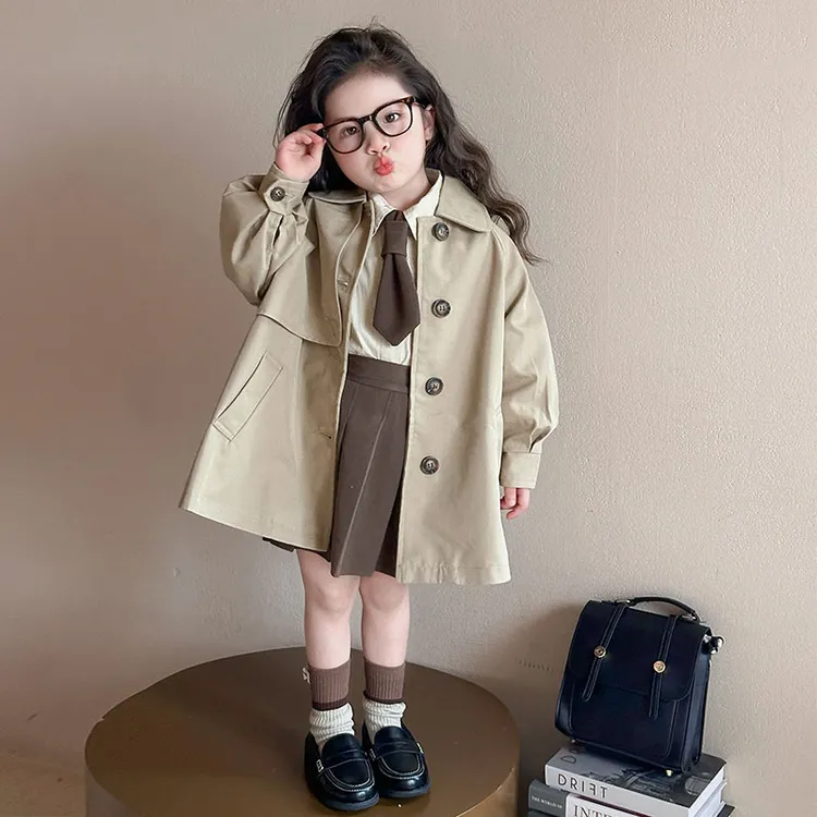 女童中长款风衣2025春秋款外套秋季新款中小童洋气连帽上衣潮