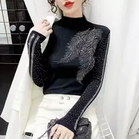 【羽毛双款式】半高领打底衫女内搭秋冬新款时尚烫钻上衣修身显瘦