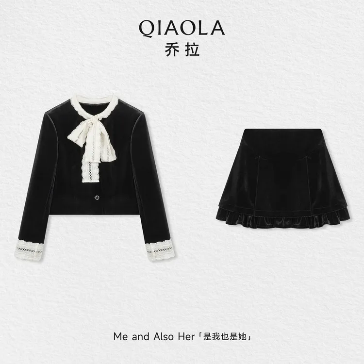 QIAOLA/乔拉【浪漫约会】秋冬季小香风撞色丝绒拼接百搭时尚套装