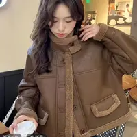 2910#【衣长55】加厚立领冬季女短款短外套时尚女装咖色拼接休闲