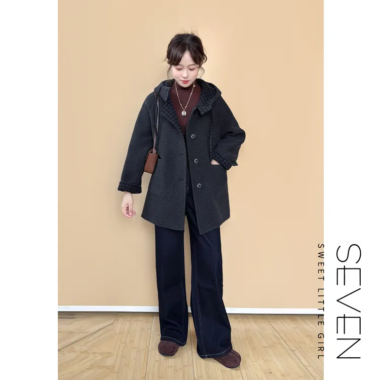 ⑦七七146小个子新款韩系减龄双面双穿连帽格子羊毛大衣女装小美说