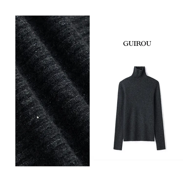 【山羊绒+绵羊毛】高领亮片坑条套头毛衣秋冬加厚堆堆领打底衫上衣