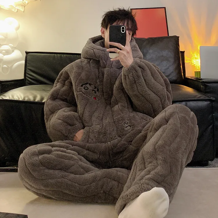 珊瑚绒睡衣男款冬季加厚加绒三层夹棉2025新款连帽家居服套装
