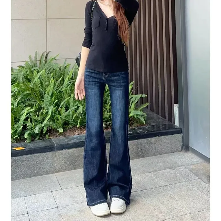 美式复古高腰微喇牛仔裤女秋季新款辣妹修身弹力不贴腿喇叭裤子潮
