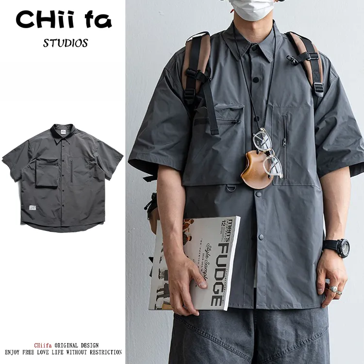 CHiifa 户外速干短袖衬衫男夏季cityboy多口袋宽松工装休闲衬衣男