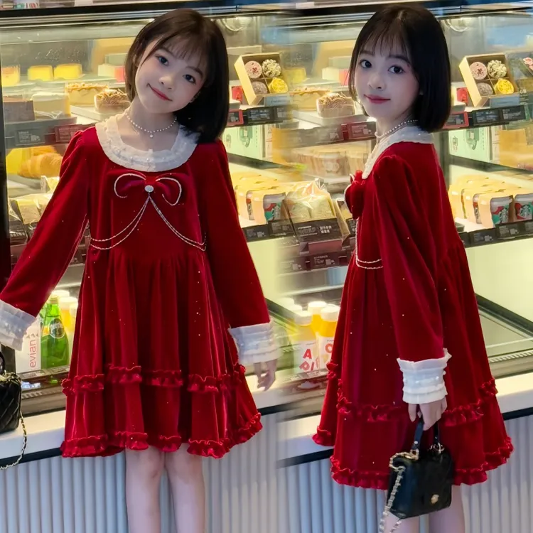 红色女童连衣裙春秋2025新款儿童公主裙女孩过年服裙子大童拜年服