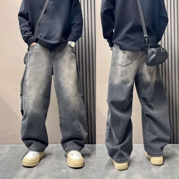 2025秋冬新款美式复古水洗男加绒牛仔裤百搭阔腿做旧宽松牛仔裤