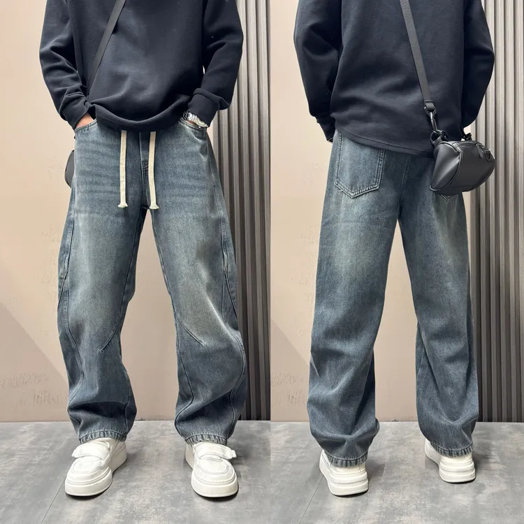 秋冬新款美式复古痞帅2025水洗弯刀裤男加绒加厚宽松直筒牛仔裤