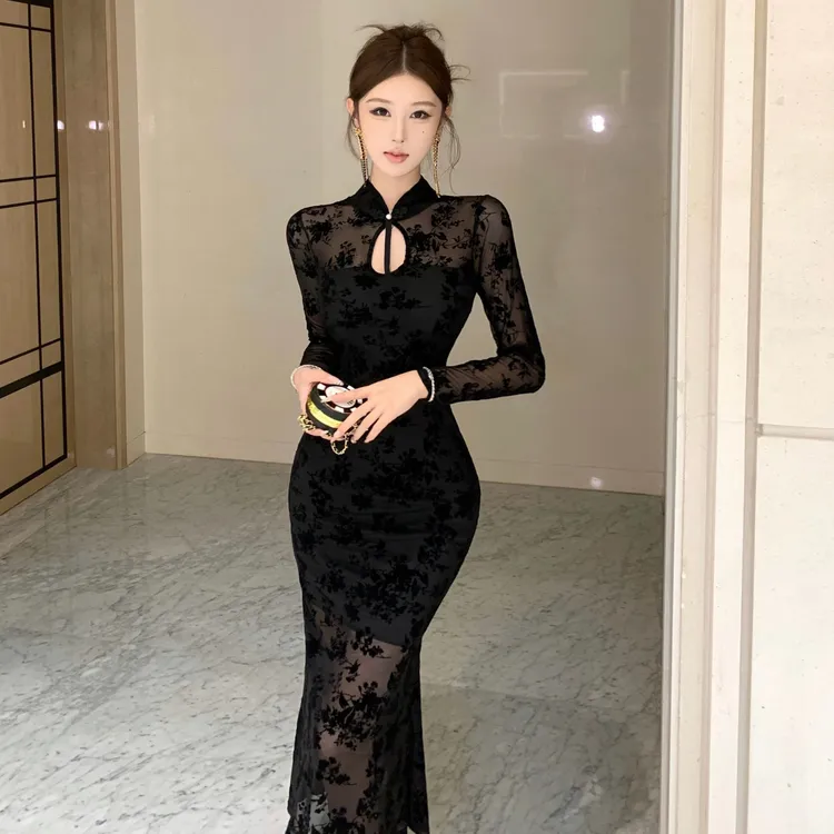 新中式网纱植绒旗袍连衣裙女高级感时尚性感宴会收腰显瘦鱼尾长裙