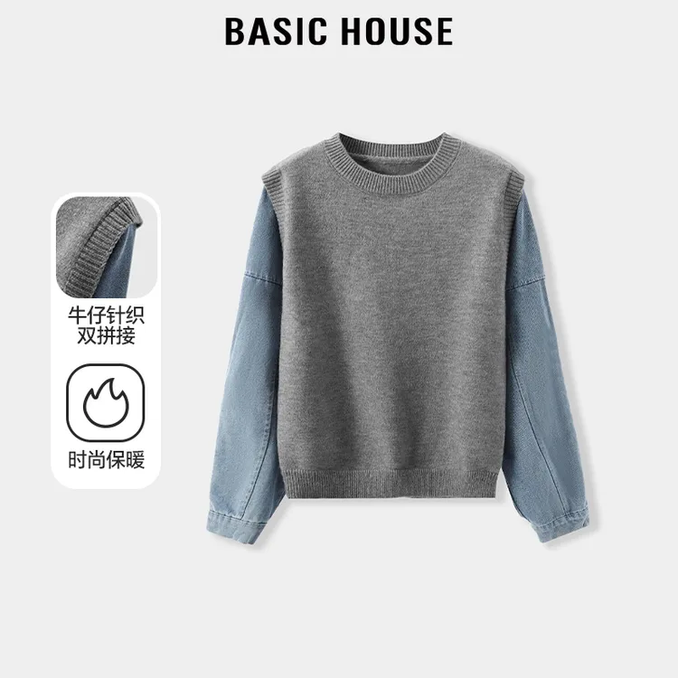 Basic House/百家好秋季新款时尚拼接牛仔长袖针织衫-B0623H5R792