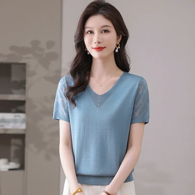 宽松女款时尚短裤显瘦外搭百搭纯色针织衫高贵洋气圆领薄款上衣