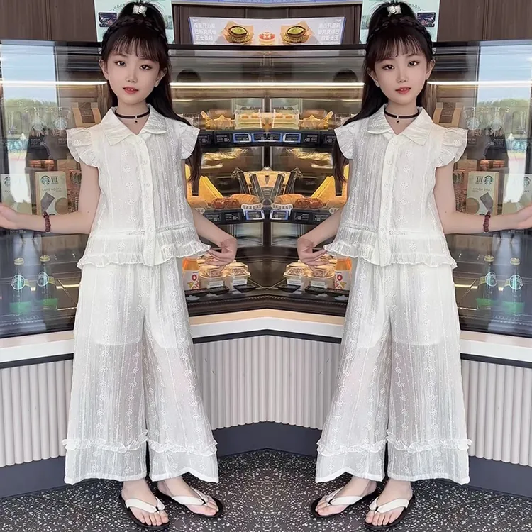 女童夏季套装2025新款洋气儿童小飞袖上衣清凉薄款九分裤两件套潮