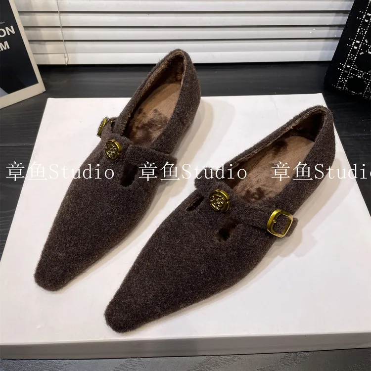 2025新款法式复古毛呢玛丽珍单鞋女秋冬加绒保暖棉鞋内增高毛毛鞋