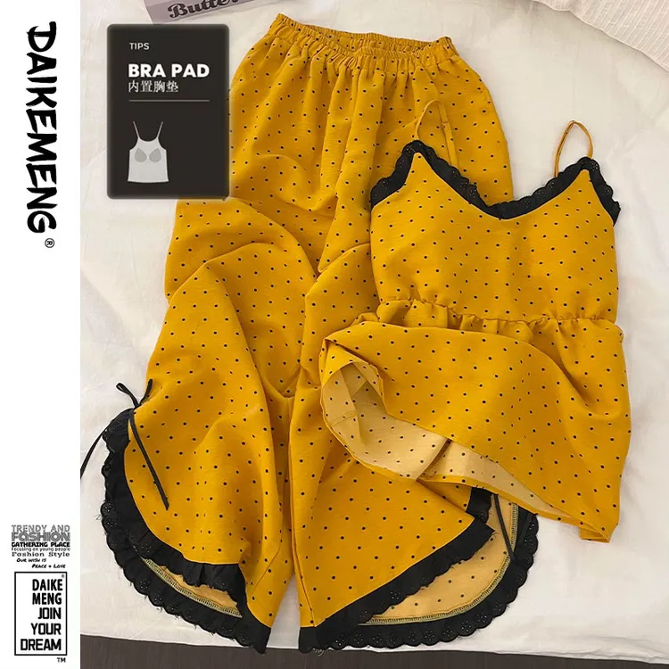 韩系甜美波点蕾丝花边吊带长裤睡衣套装女夏季薄款带胸垫家居服