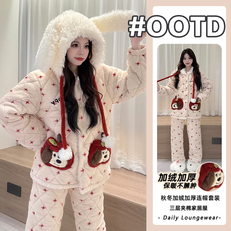2025冬季三层夹棉睡衣蓄热保暖加绒加厚连帽家居服套装可外穿