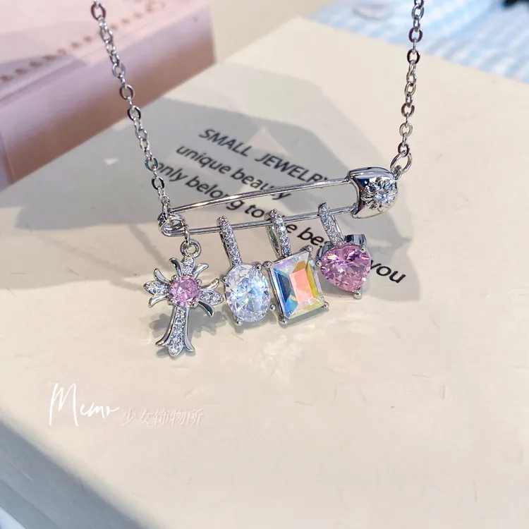 铜合金锆石项链 E276 别针十字架 锆石版可拆卸设计感项链锁骨链