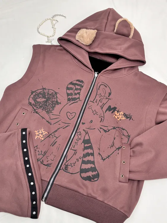 【暗瞳奏歌】亚萌Y2K宅系复古手绘千禧兔可拆卸袖子加绒卫衣 420克