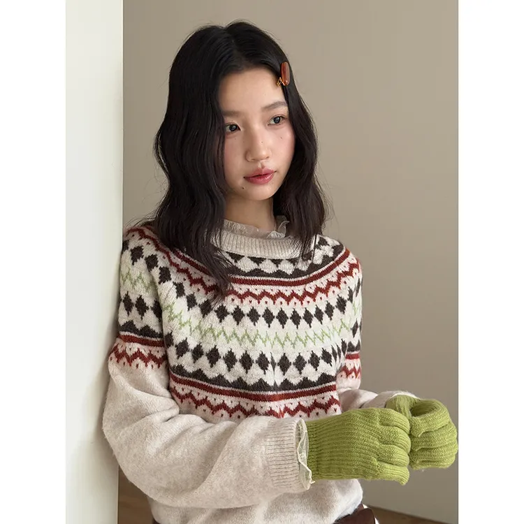 有风YFeeling法式韩系复古温柔圆领提花套头毛衣女冬季针织